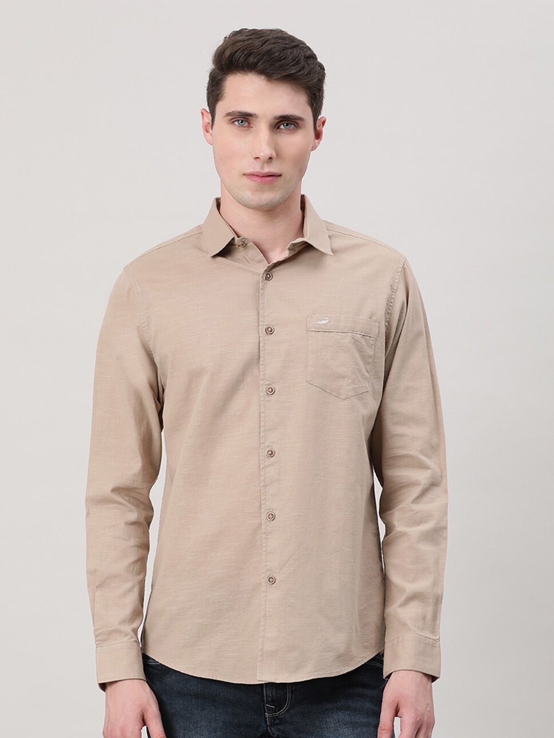 

Crocodile Spread Collar Comfort Cotton Casual Shirt, Khaki