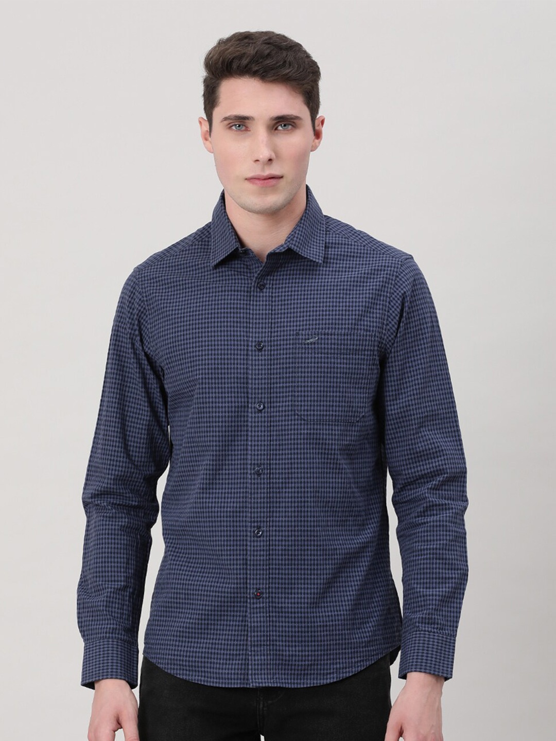 

Crocodile Comfort Fit Spread Collar Micro Checked Opaque Casual Shirt, Navy blue