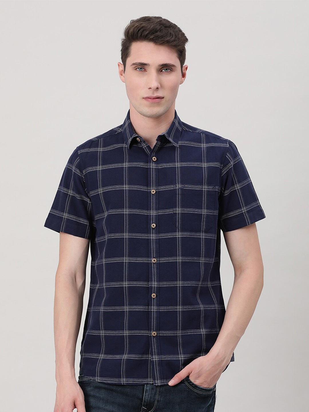 

Crocodile Checked Comfort Cotton Casual Shirt, Navy blue