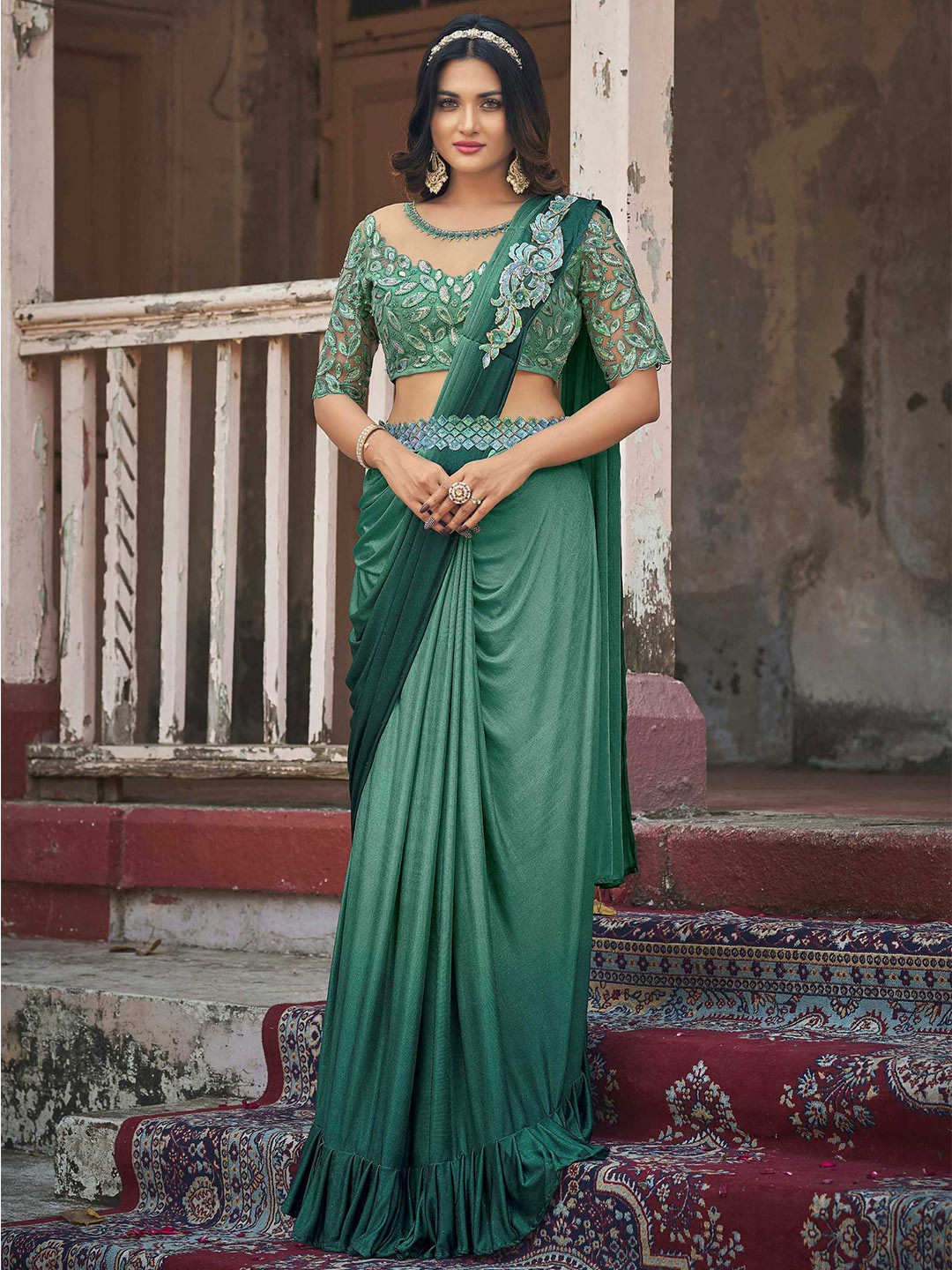 

Mitera Green Embellished Sequinned Ready to Wear Saree