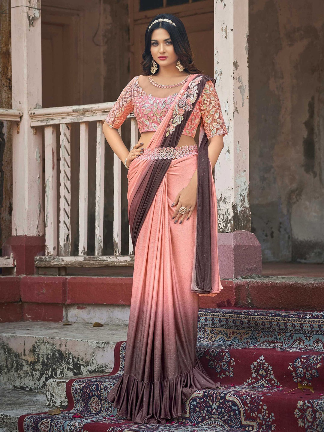 

Mitera Pink & Brown Embellished Sequinned Ready to Wear Saree