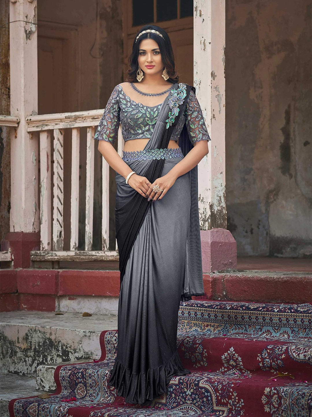 

Mitera Grey & Black Ombre Dyed Ready to Wear Saree