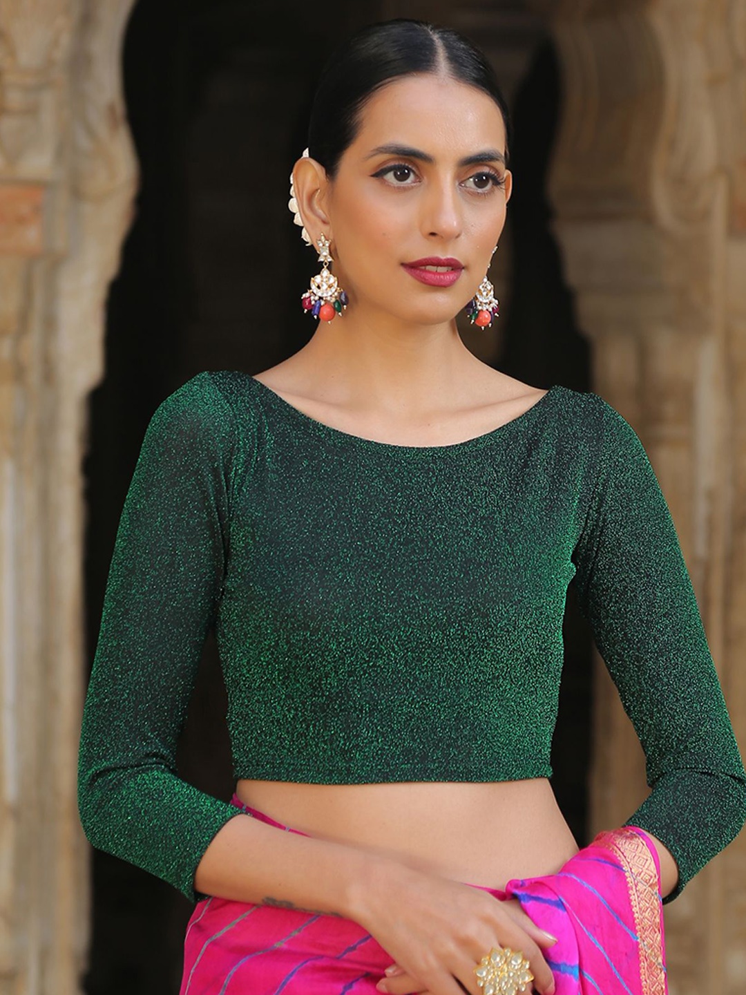 

Swtantra Embellished Stretchable Saree Blouse, Green