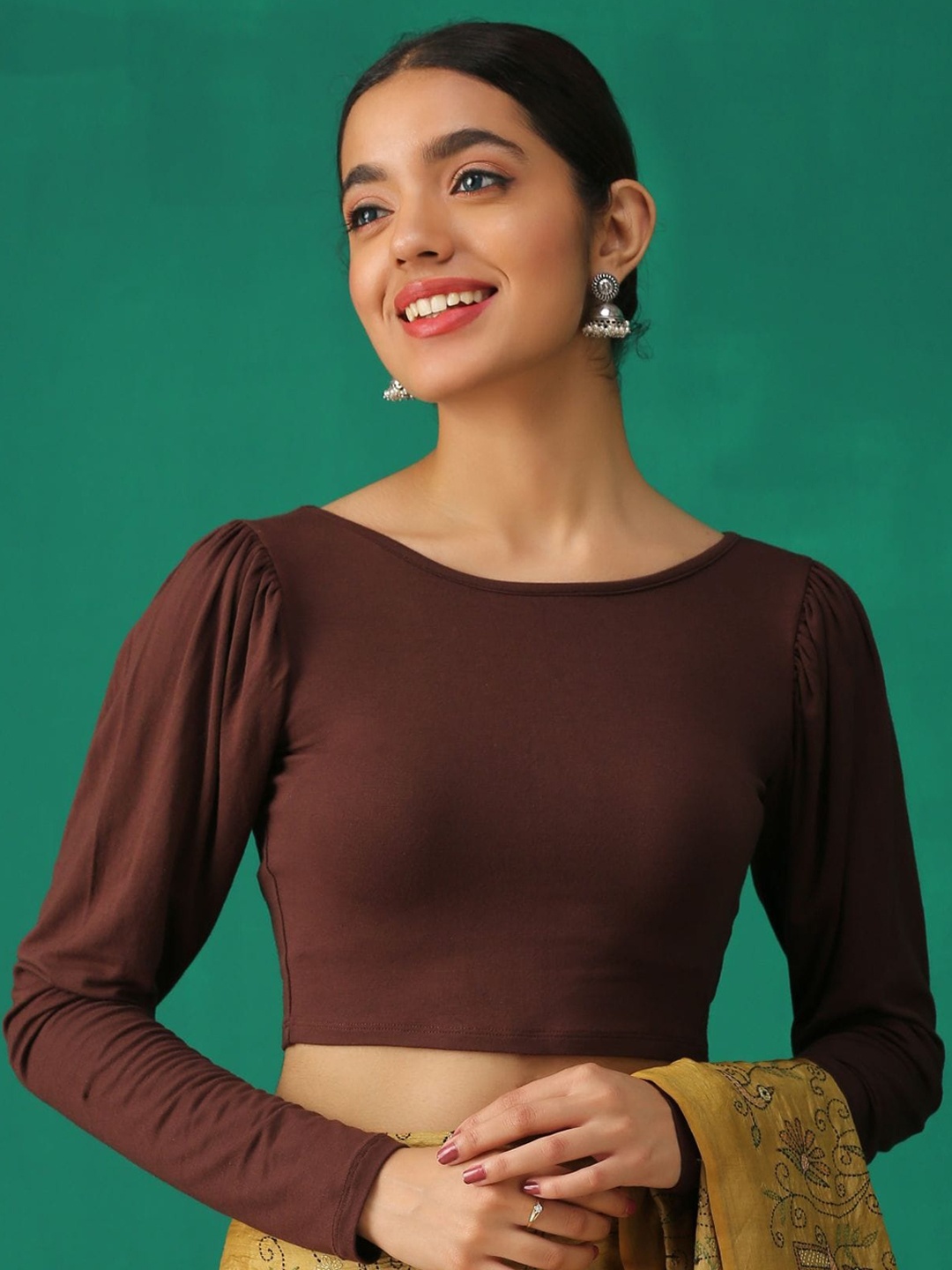 

Swtantra Long Sleeved Stretchable Readymade Saree Blouse, Brown
