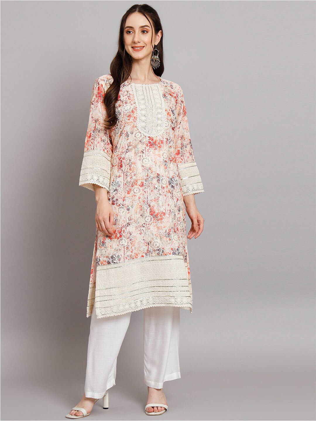 

SWI Stylish Floral Printed Gotta Patti Lace Detail Cotton Kurta, Peach