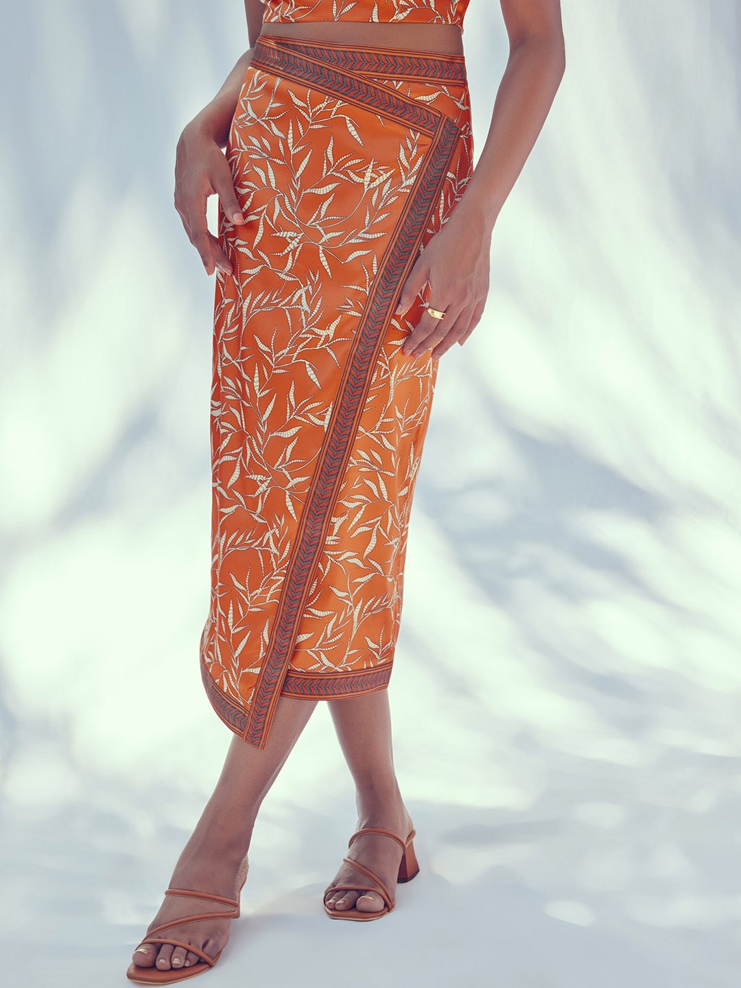 

The Label Life Tropical Printed Midi-Length Wrap Skirt, Orange