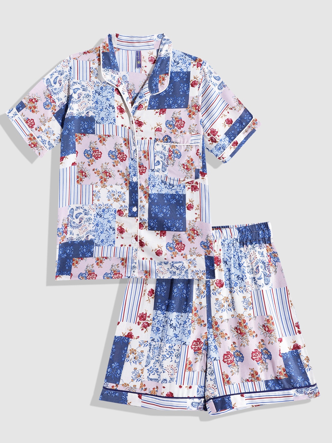 

YK Girls White & Blue Printed Night suit