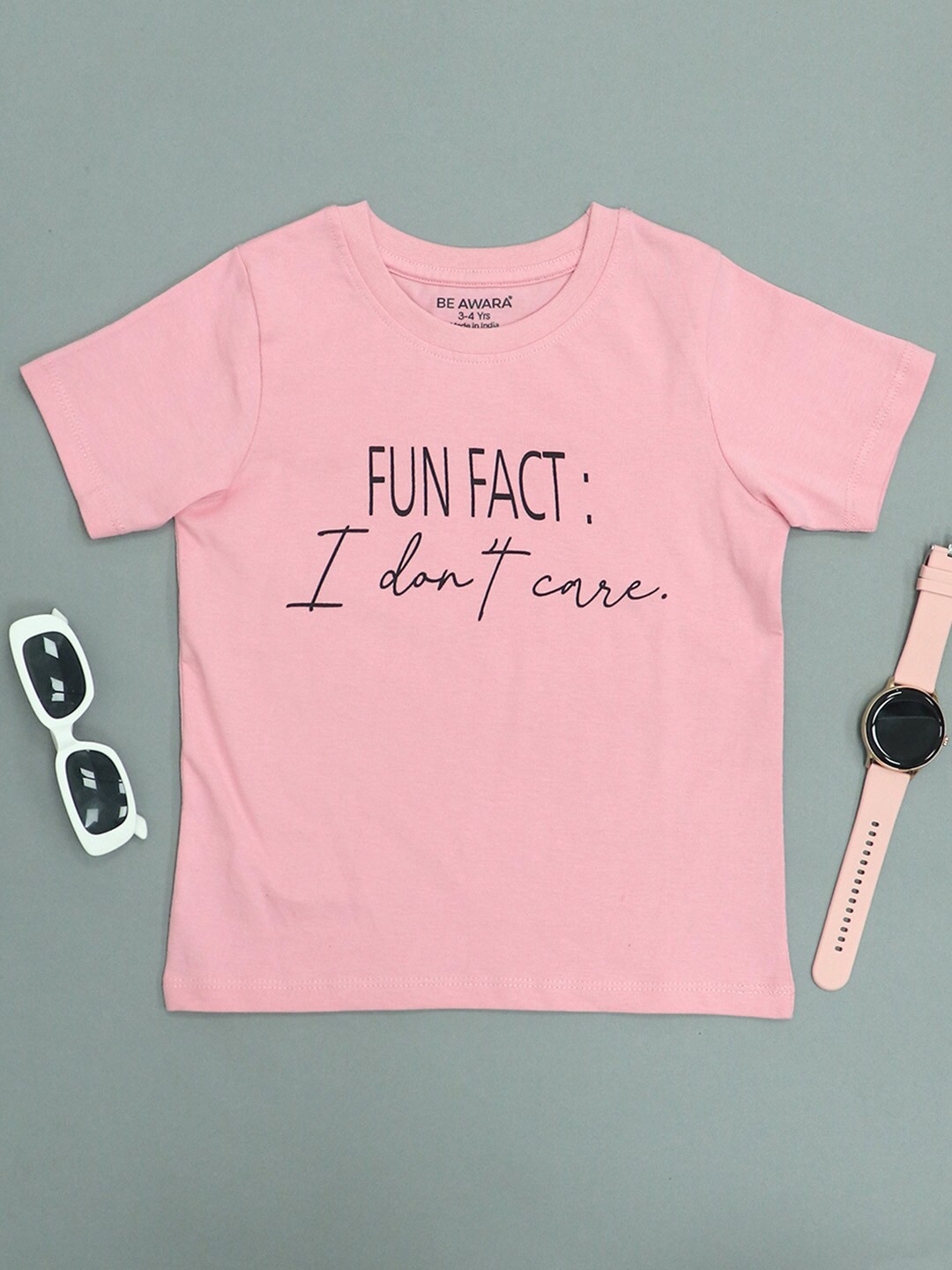 

BE AWARA Kids Typography Round Neck Cotton T-shirt, Pink