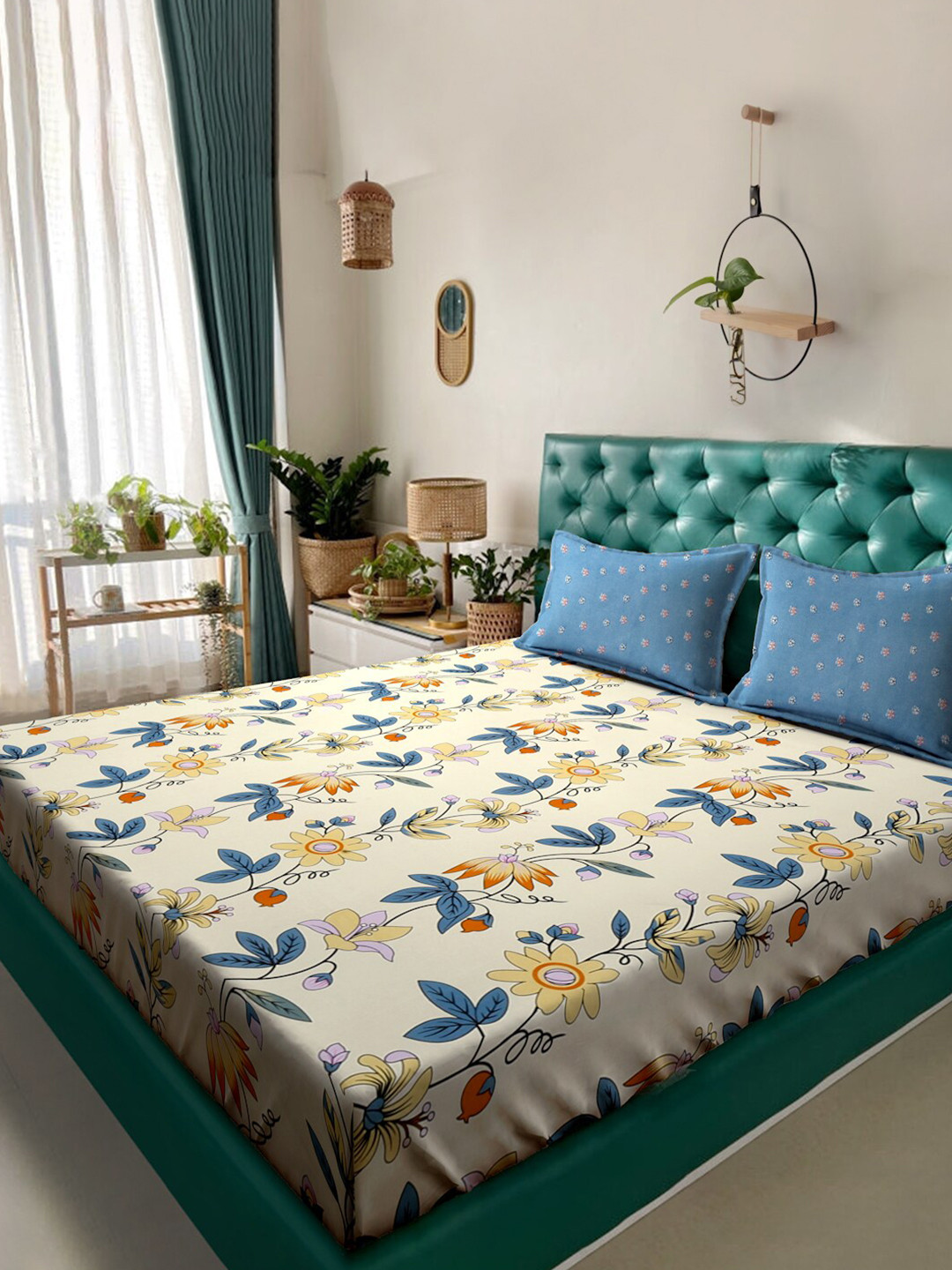 

KLOTTHE Blue & Yellow Floral Printed 300 TC Fitted King Bedsheet & 2 Pillow Covers