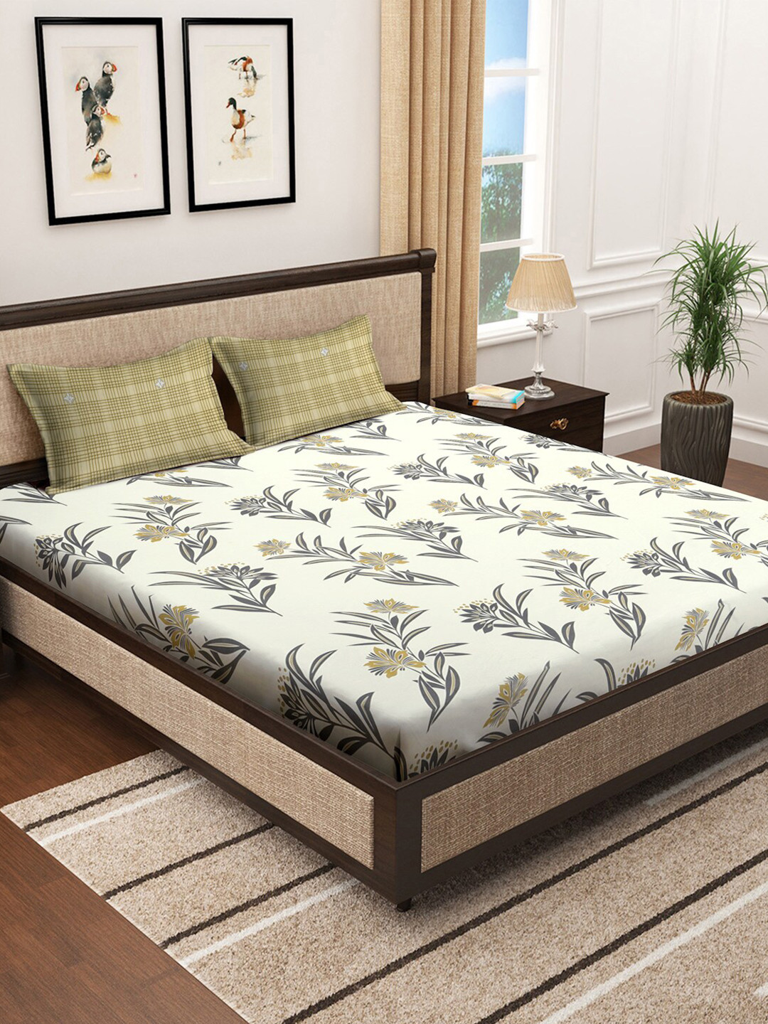 

KLOTTHE Yellow & Grey Floral Printed 300 TC Fitted King Bedsheet & 2 Pillow Covers