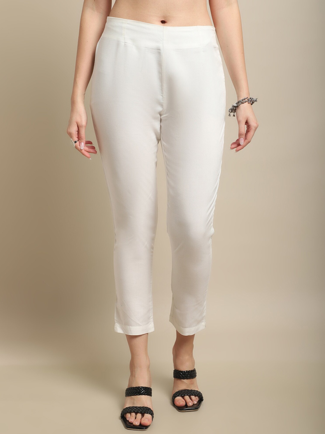 

Cantabil Women Mid-Rise Cigarette Trousers, Off white