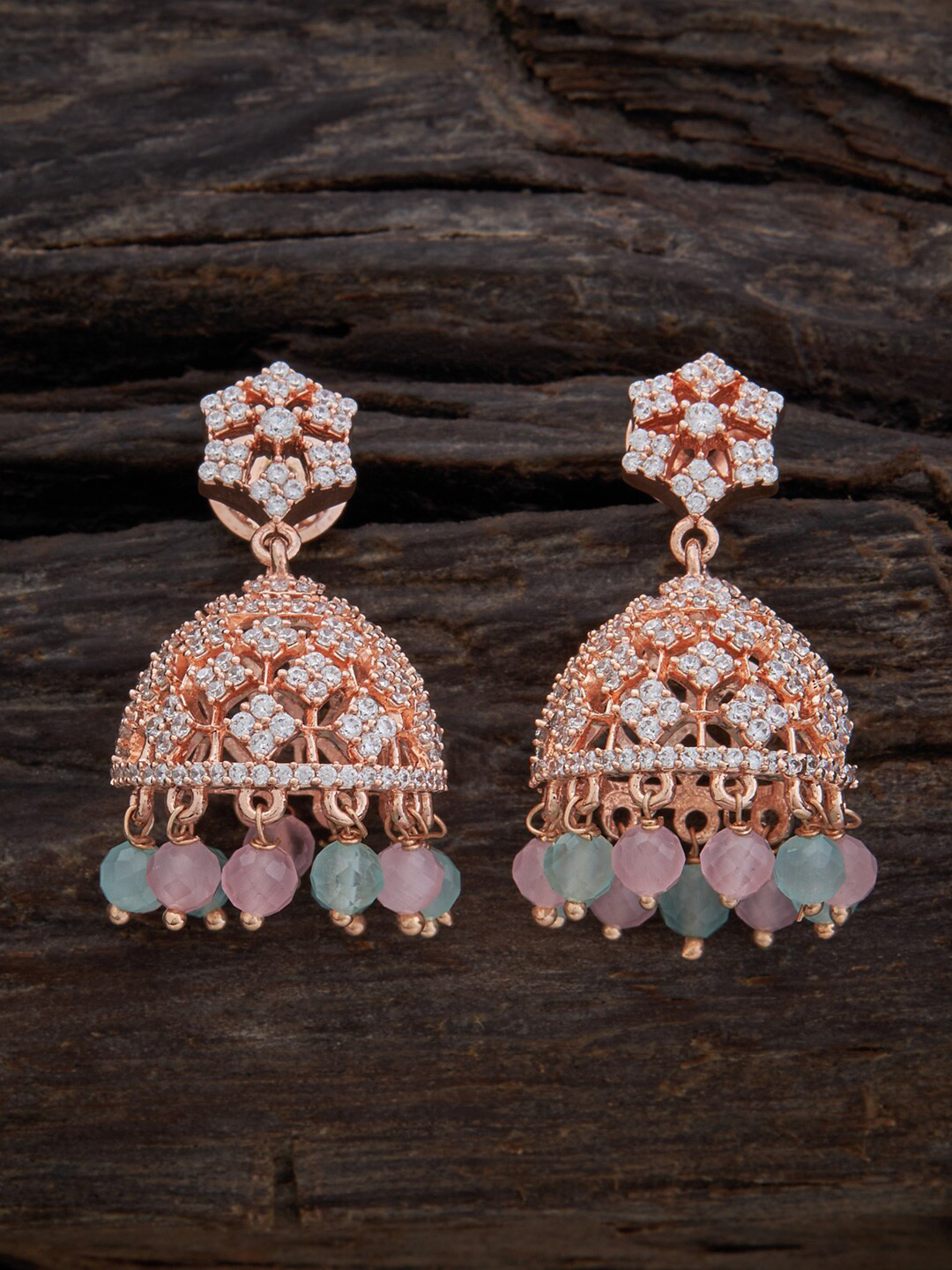 

Kushal's Fashion Jewellery Rose-Gold Plated Dome Shaped Cubic Zirconia Jhumkas