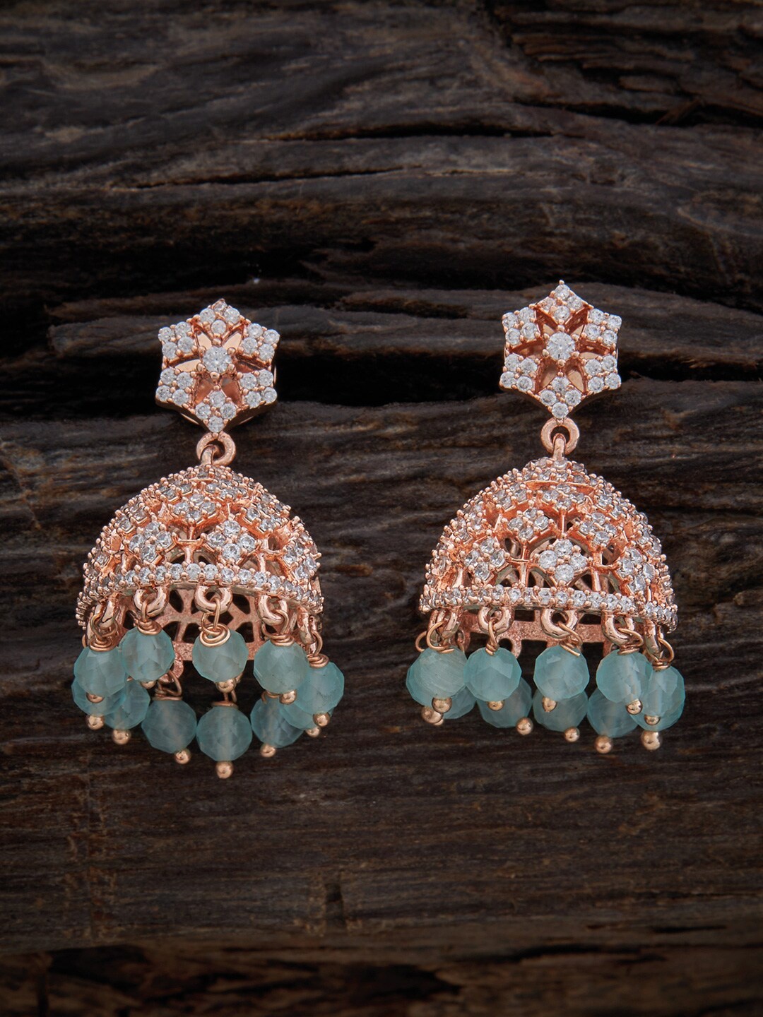 

Kushal's Fashion Jewellery Rose-Gold Plated Dome Shaped Jhumkas, Sea green
