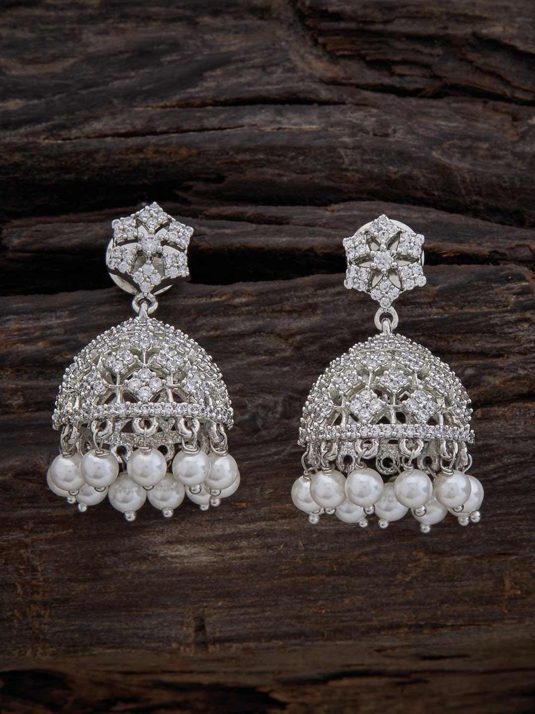 

Kushal's Fashion Jewellery Rhodium Plated Dome Shaped Jhumkas Earrings, White