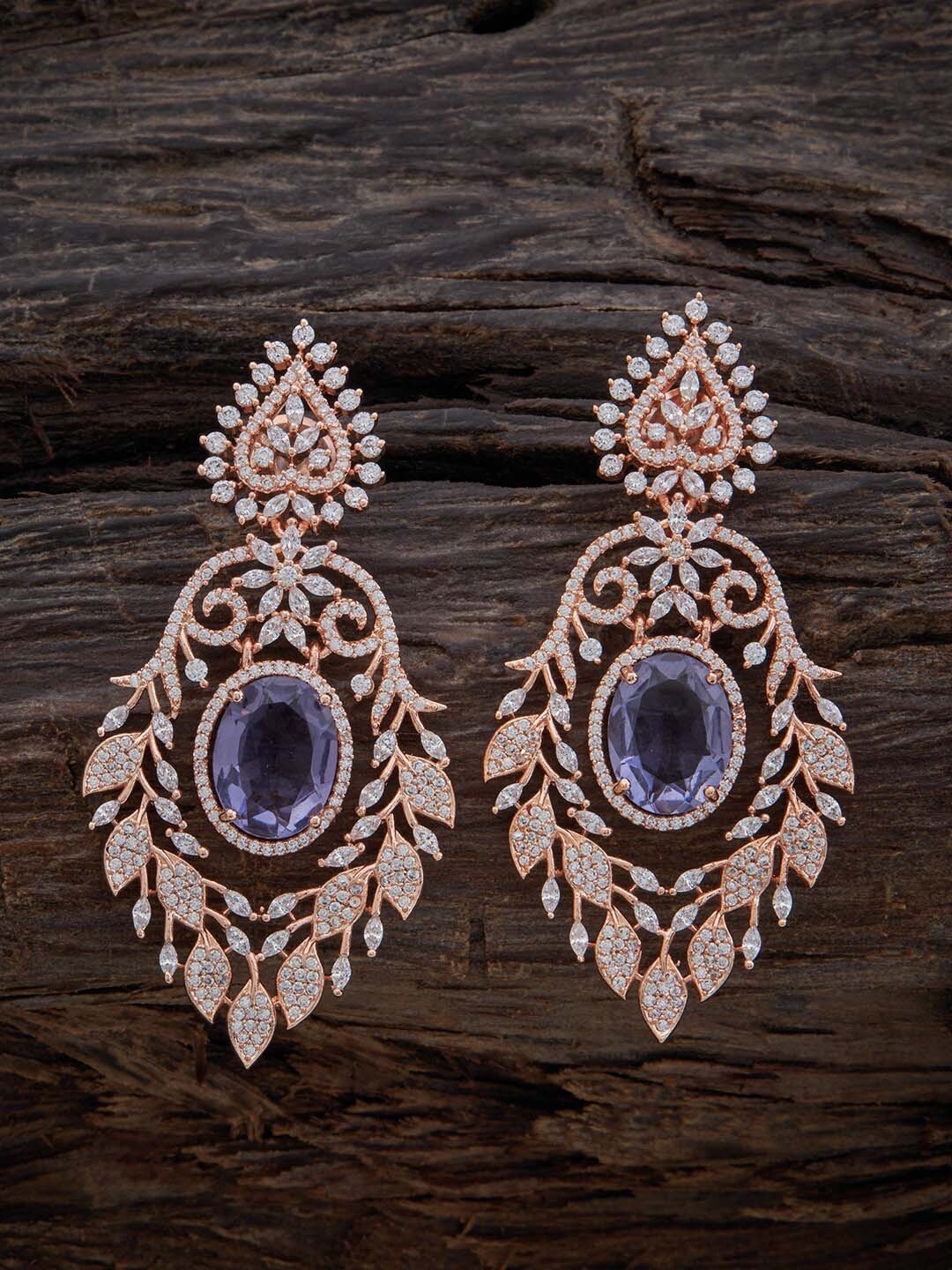 

Kushal's Fashion Jewellery Rose-Gold Plated Leaf Shaped Cubic Zirconia Drop Earrings