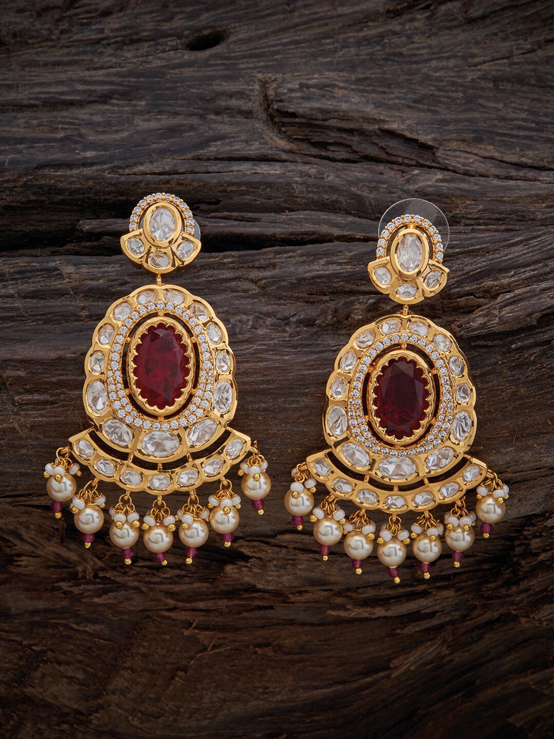 

Kushal's Fashion Jewellery Oval Kundan Drop Earrings, Red
