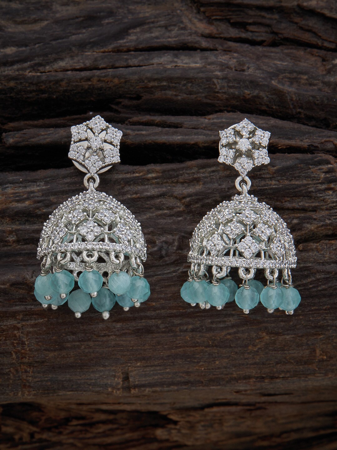 

Kushal's Fashion Jewellery Rhodium Plated Dome Shaped Jhumkas Earrings, Sea green