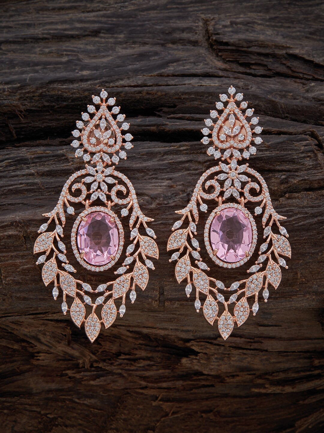 

Kushal's Fashion Jewellery Rose-Gold Plated Leaf Shaped Drop Earrings, Pink