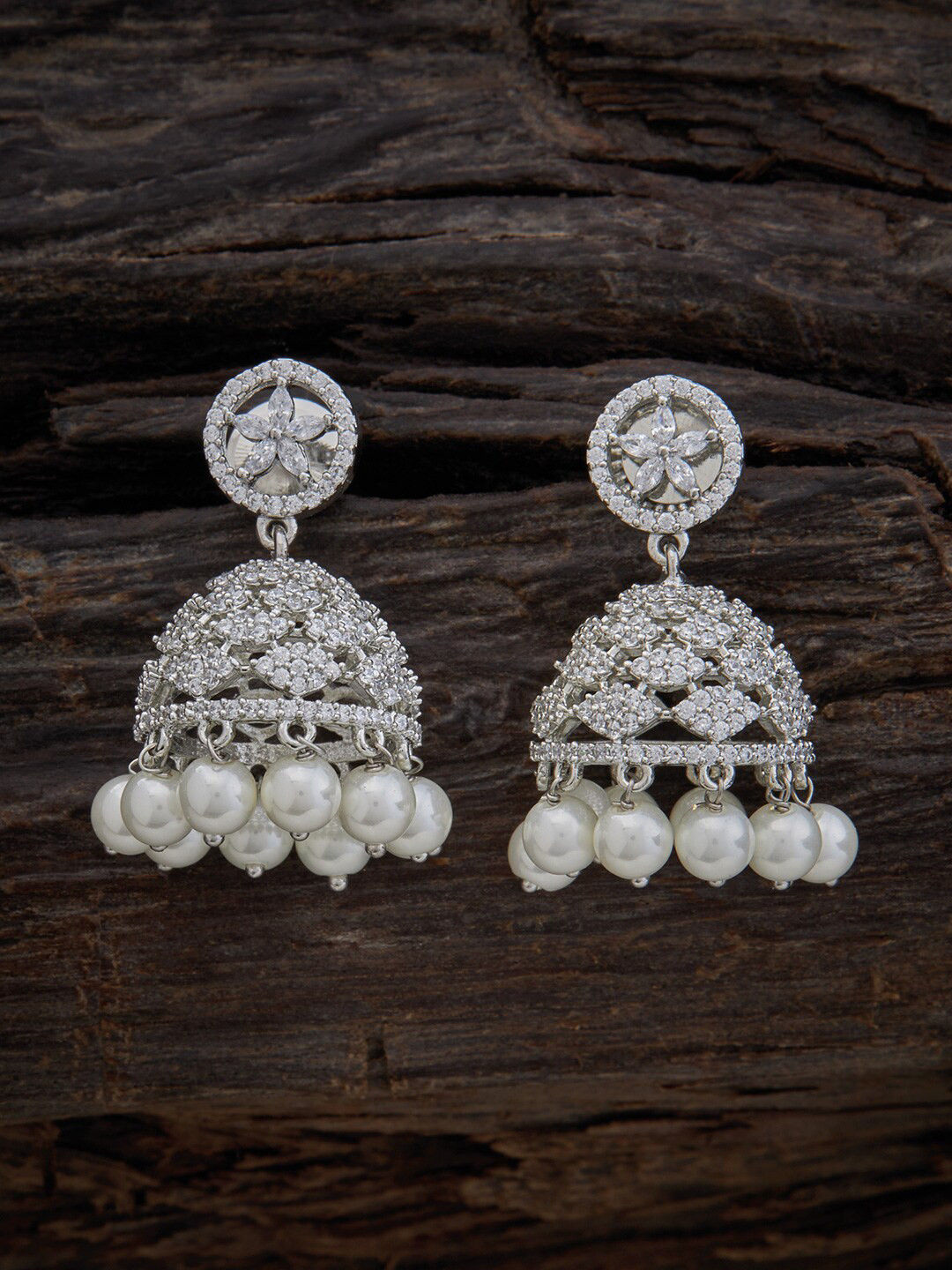 

Kushal's Fashion Jewellery Rhodium-Plated Dome Shaped Jhumkas Earrings, Silver