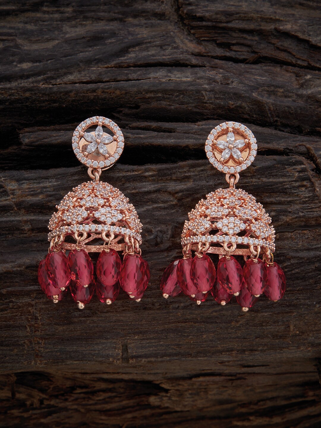 

Kushal's Fashion Jewellery Rose Gold Plated Dome Shaped Jhumkas Earrings, Red