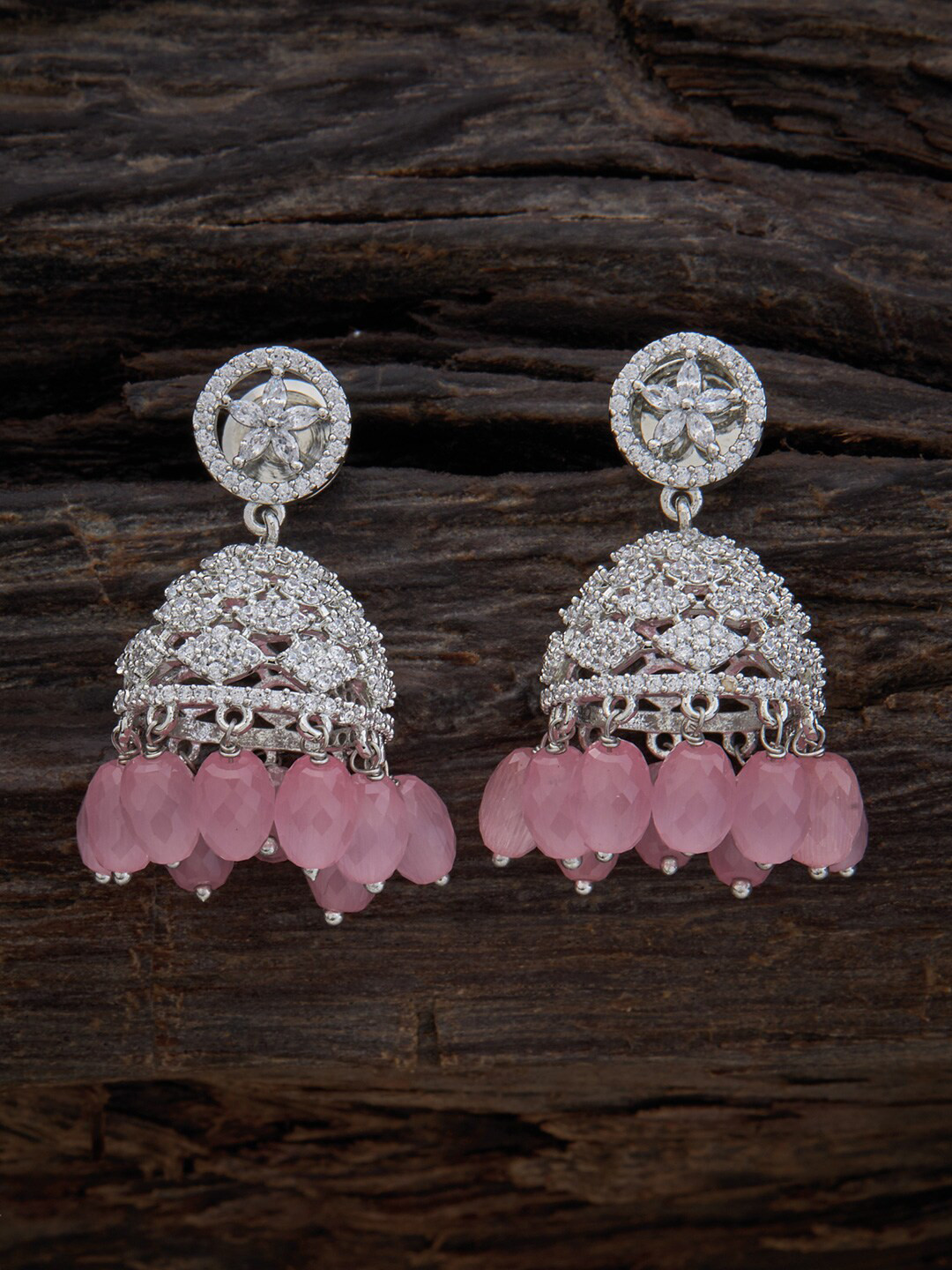 

Kushal's Fashion Jewellery Rhodium Plated Dome Shaped Jhumkas Earrings, Pink