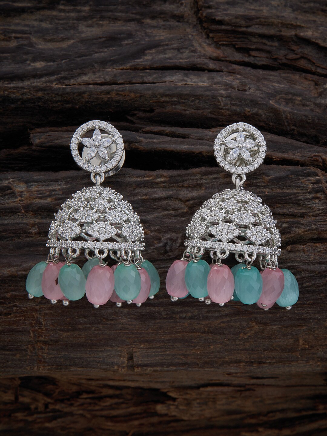 

Kushal's Fashion Jewellery Rhodium Plated Dome Shaped Jhumkas, Pink