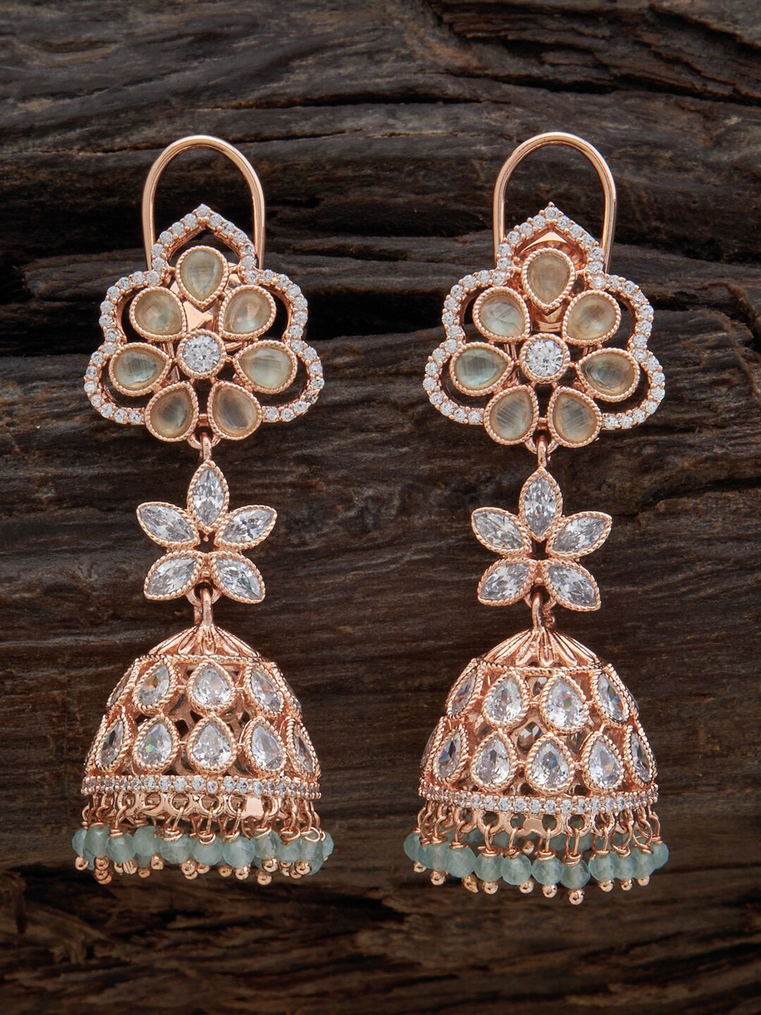 

Kushal's Fashion Jewellery Rose-Gold Plated Dome Shaped Jhumkas, Sea green