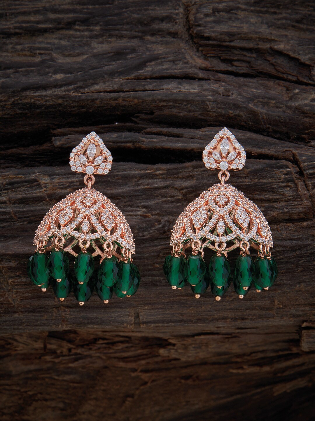 

Kushal's Fashion Jewellery Rose-Gold Plated Dome Shaped Zircon & Beads Jhumkas