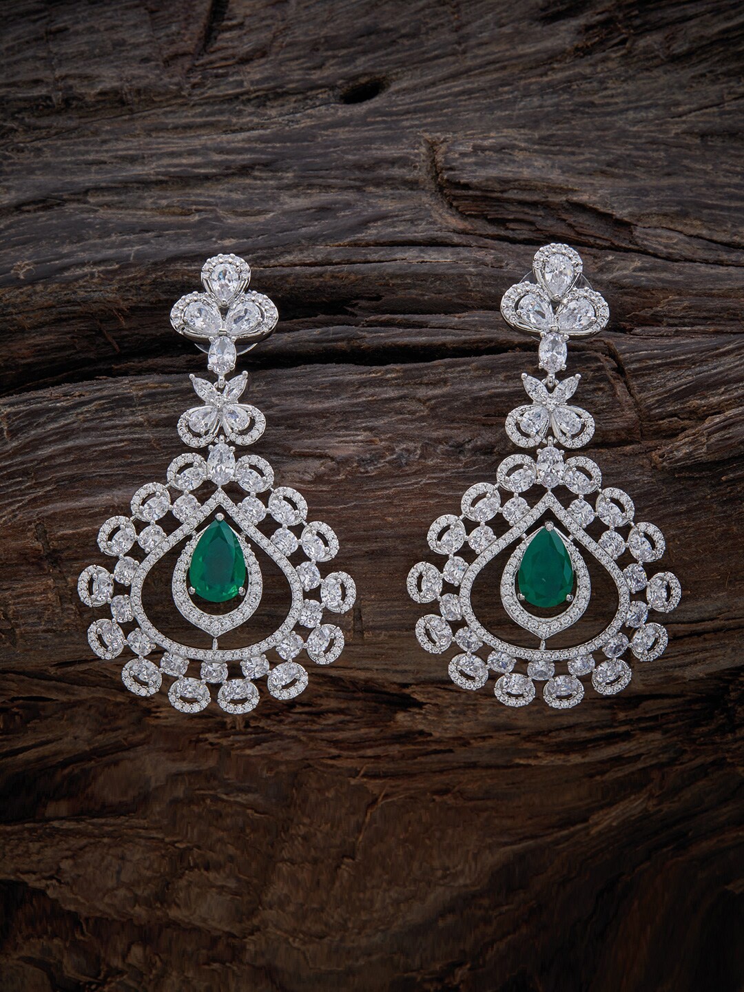 

Kushal's Fashion Jewellery Rhodium-Plated Teardrop Shaped Drop Earrings, Green