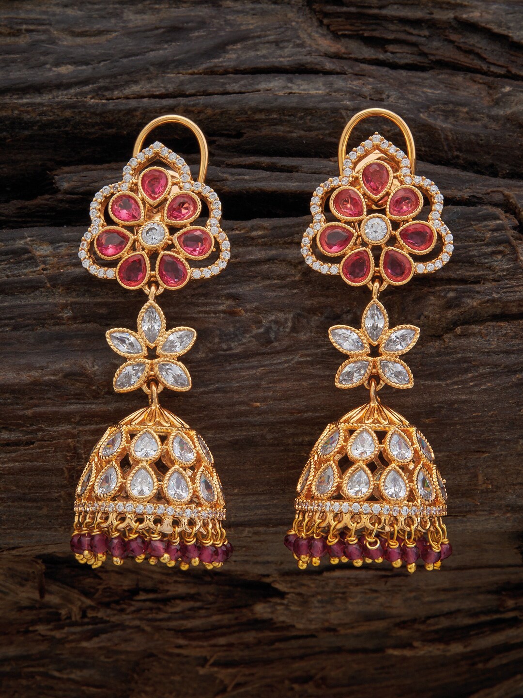 

Kushal's Fashion Jewellery Gold Plated Dome Shaped Zircon & Beads Jhumkas