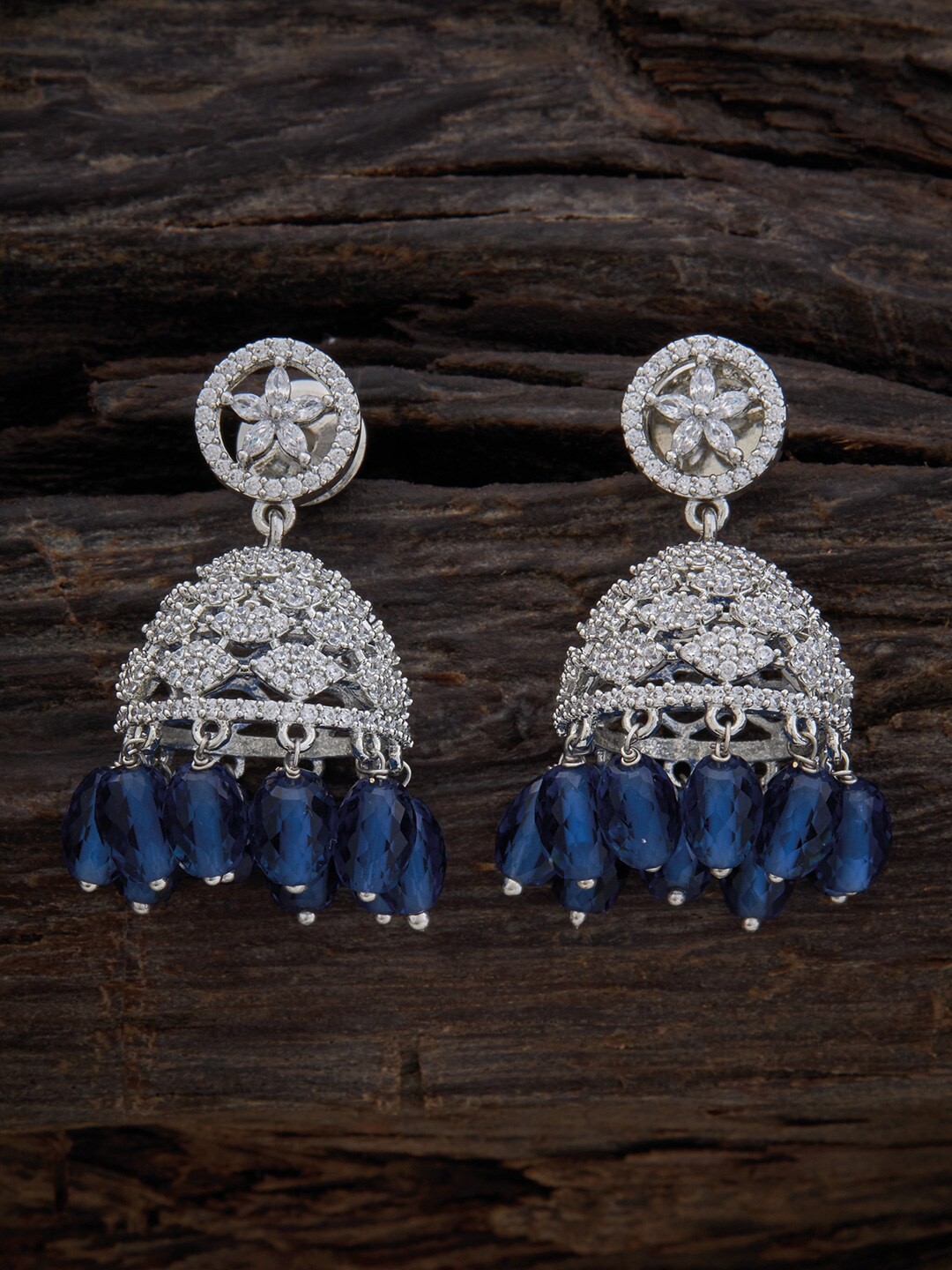

Kushal's Fashion Jewellery Rhodium Plated Dome Shaped Cubic Zirconia Jhumkas, Silver