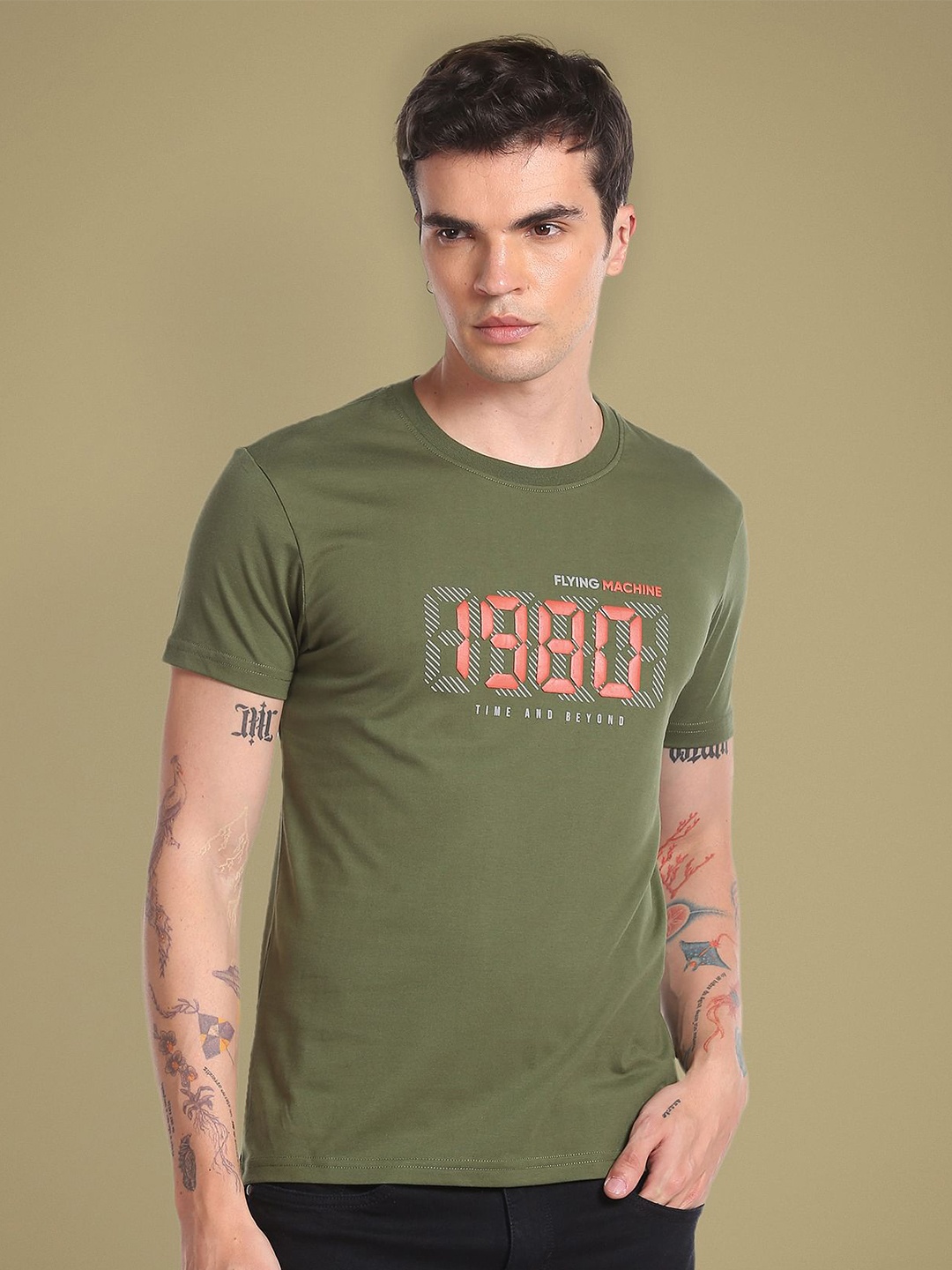 Flying Machine Typography Printed Slim Fit T-shirt, Olive