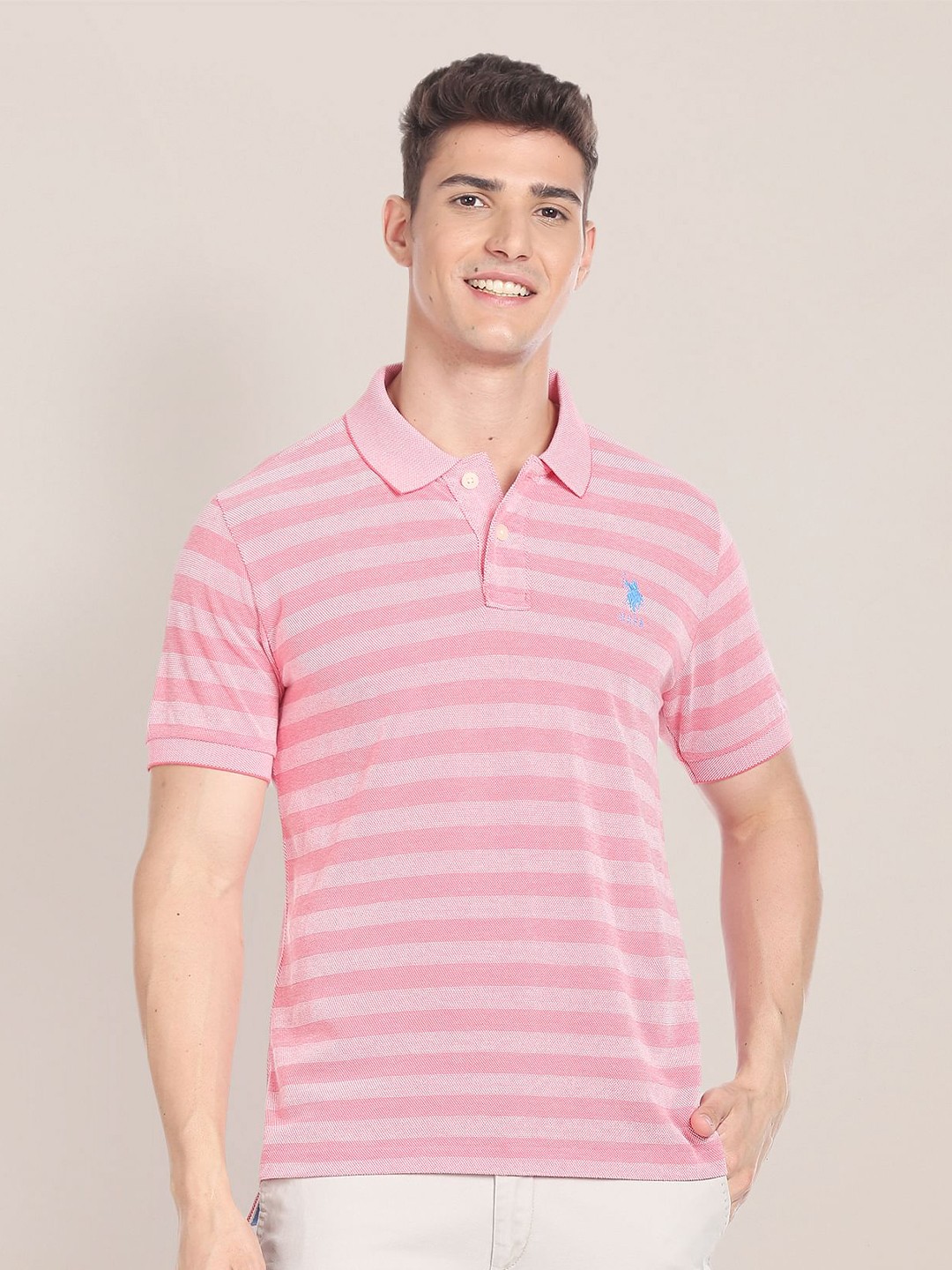 

U.S. Polo Assn. Striped Polo Collar Pure Cotton Slim Fit T-shirt, Pink