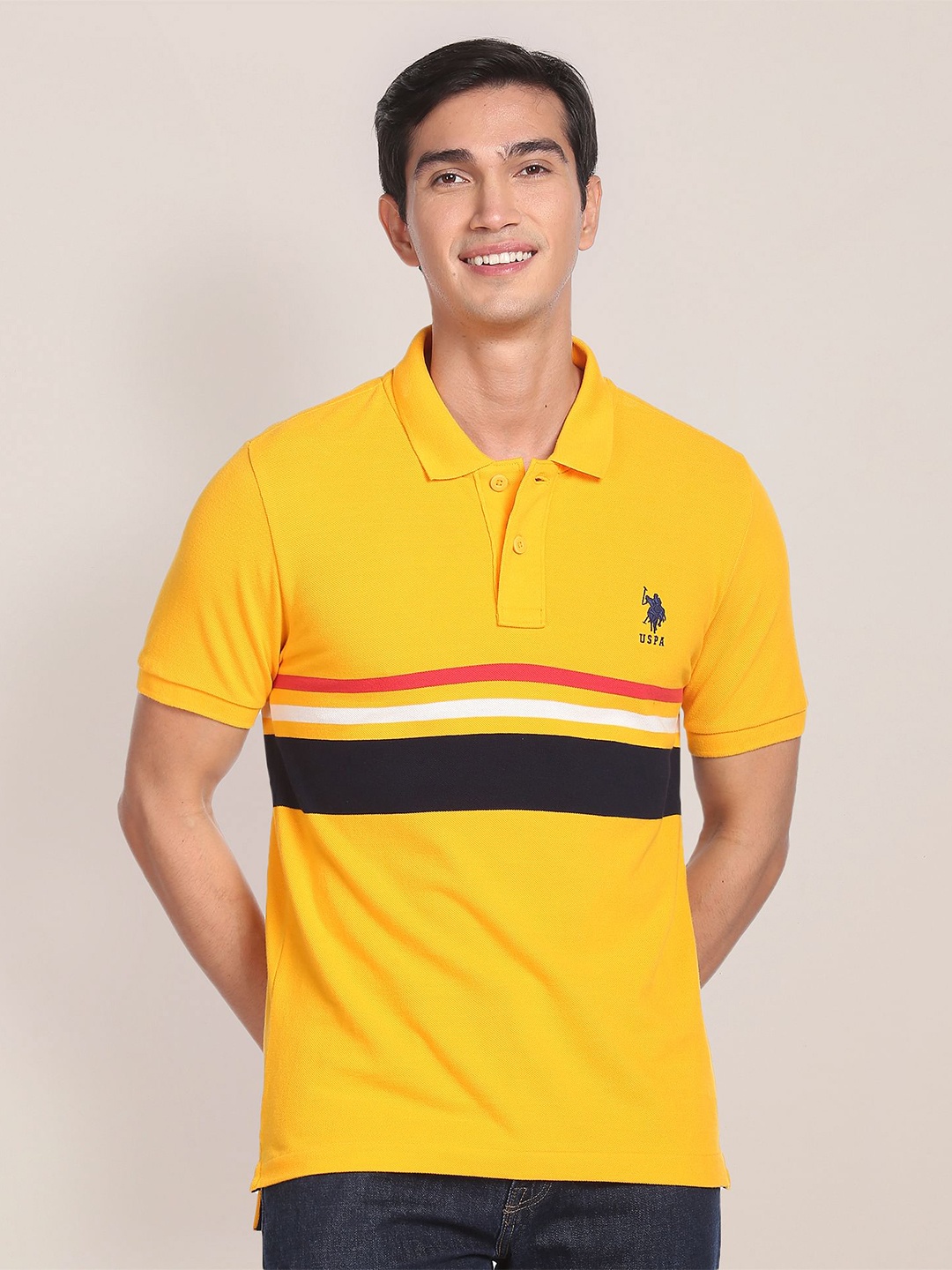 

U.S. Polo Assn. Striped Polo Collar Pure Cotton Slim Fit T-shirt, Yellow