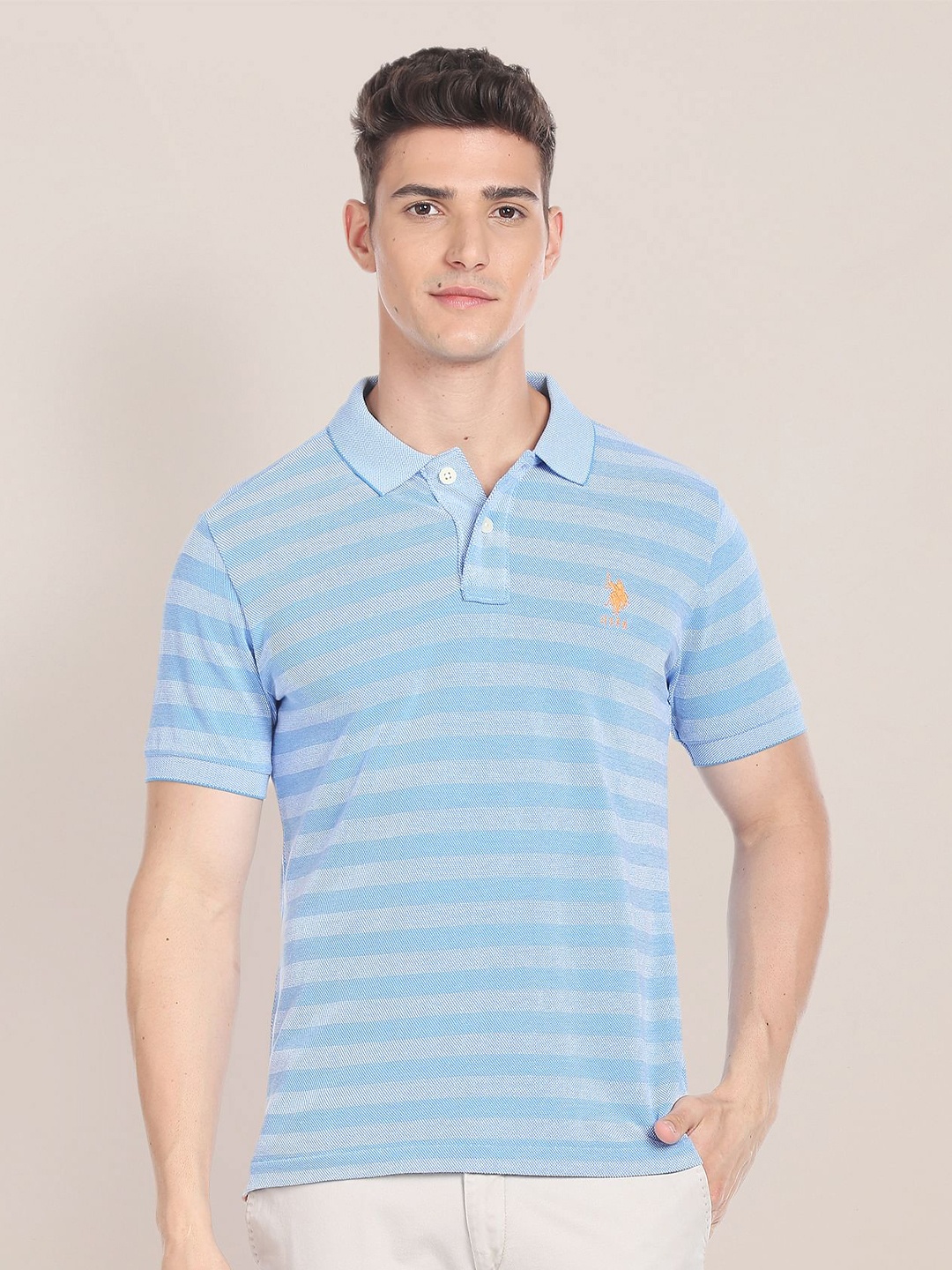 

U.S. Polo Assn. Striped Polo Collar Pure Cotton Slim Fit T-shirt, Blue