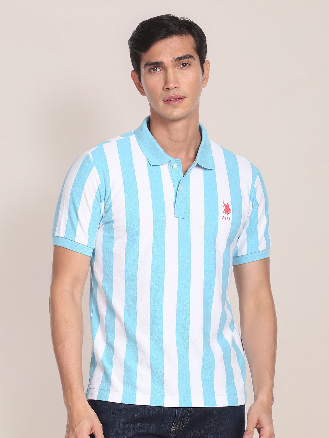 

U.S. Polo Assn. Striped Pure Cotton Slim Fit Polo T-shirt, Blue