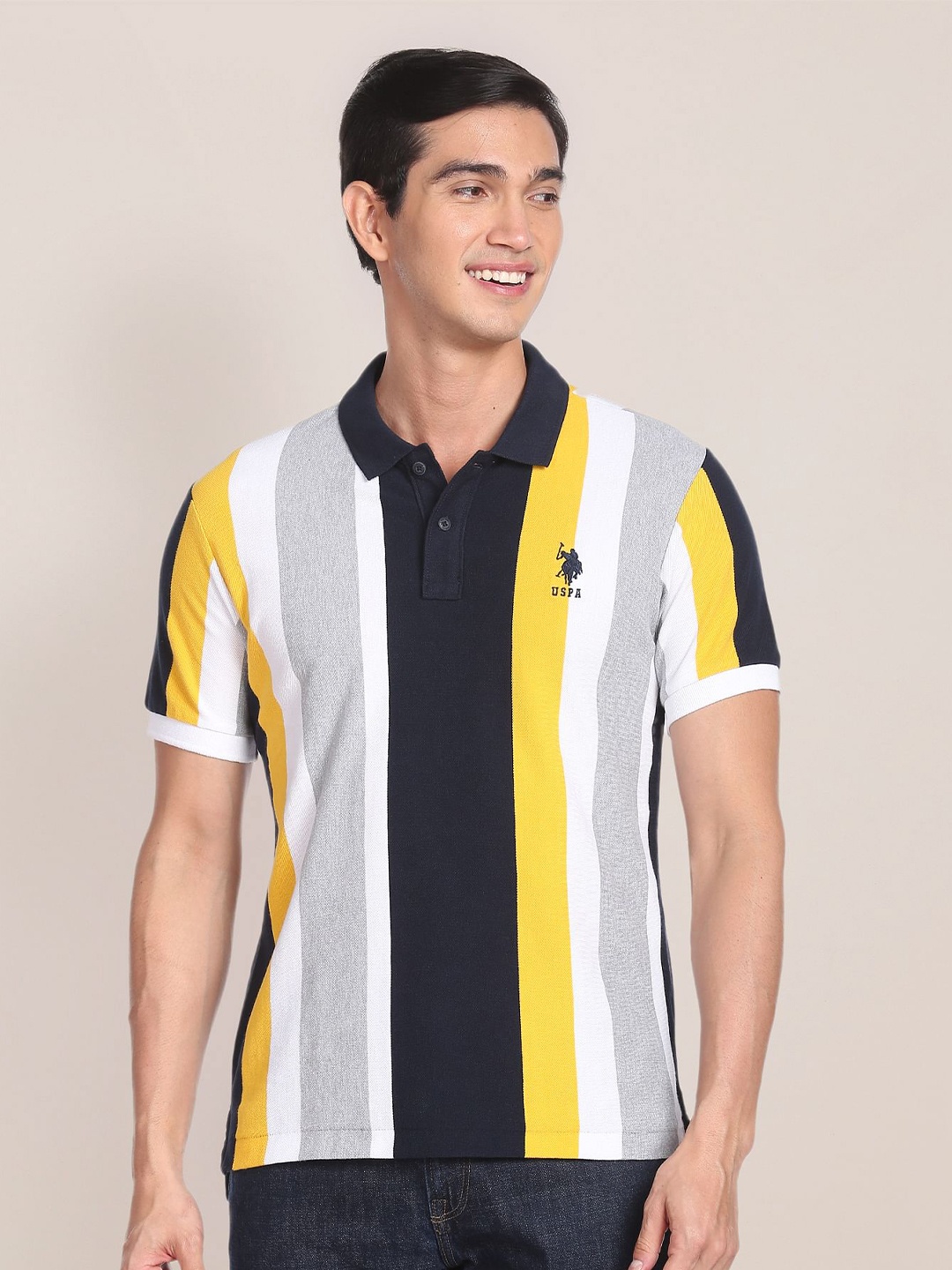

U.S. Polo Assn. Striped Pure Cotton Slim Fit Polo T-shirt, Yellow