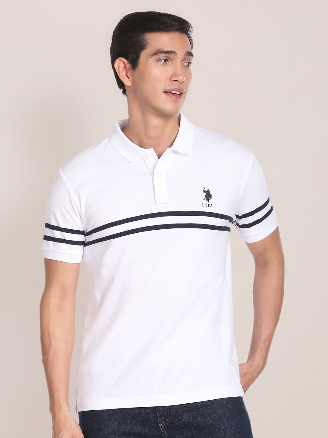 

U.S. Polo Assn. Striped Polo Collar Pure Cotton Slim Fit T-shirt, White