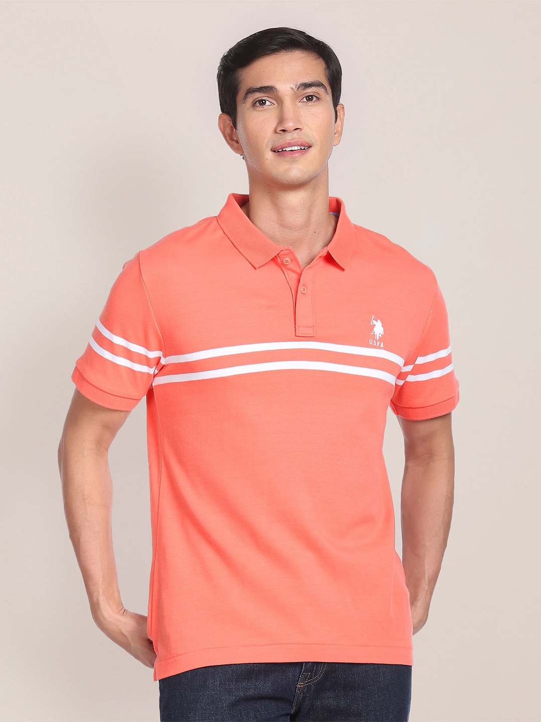 

U.S. Polo Assn. Striped Polo Collar Pure Cotton Slim Fit T-shirt, Peach