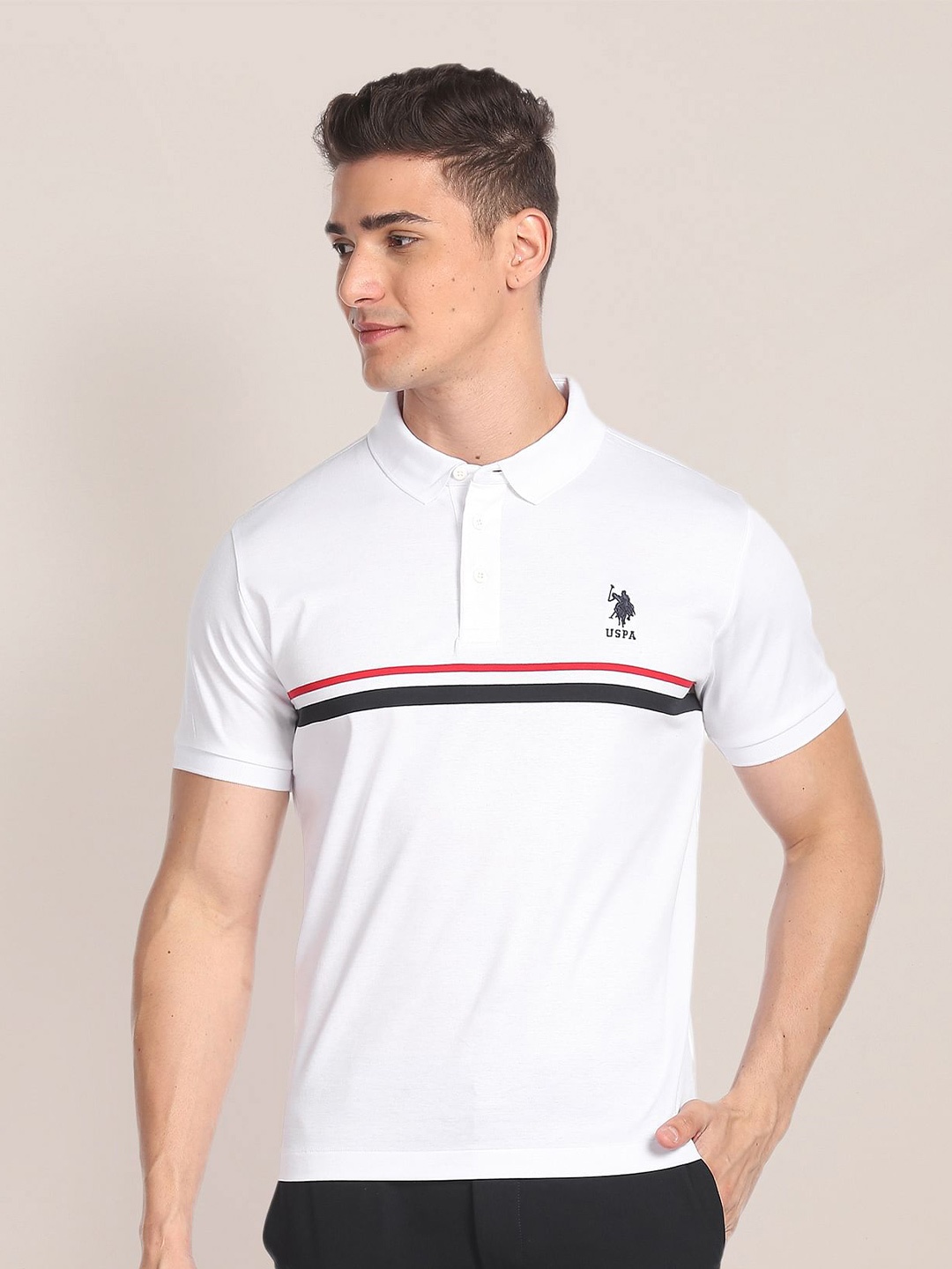 

U.S. Polo Assn. Striped Polo Collar Pure Cotton T-shirt, White