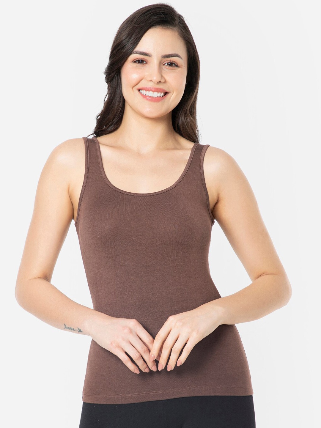 

Amante Solid High Coverage Round Neck Modal Vest, Brown