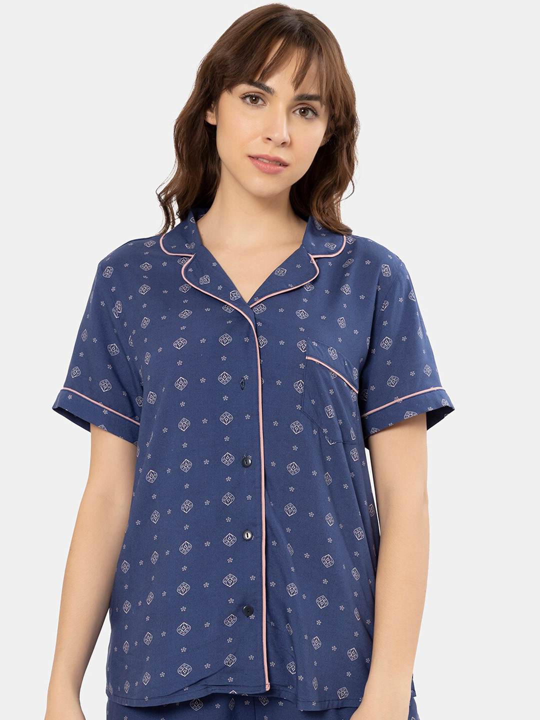 

Amante Printed Notch Collar Shirt with Mid Rise Short Sleep Set, Blue
