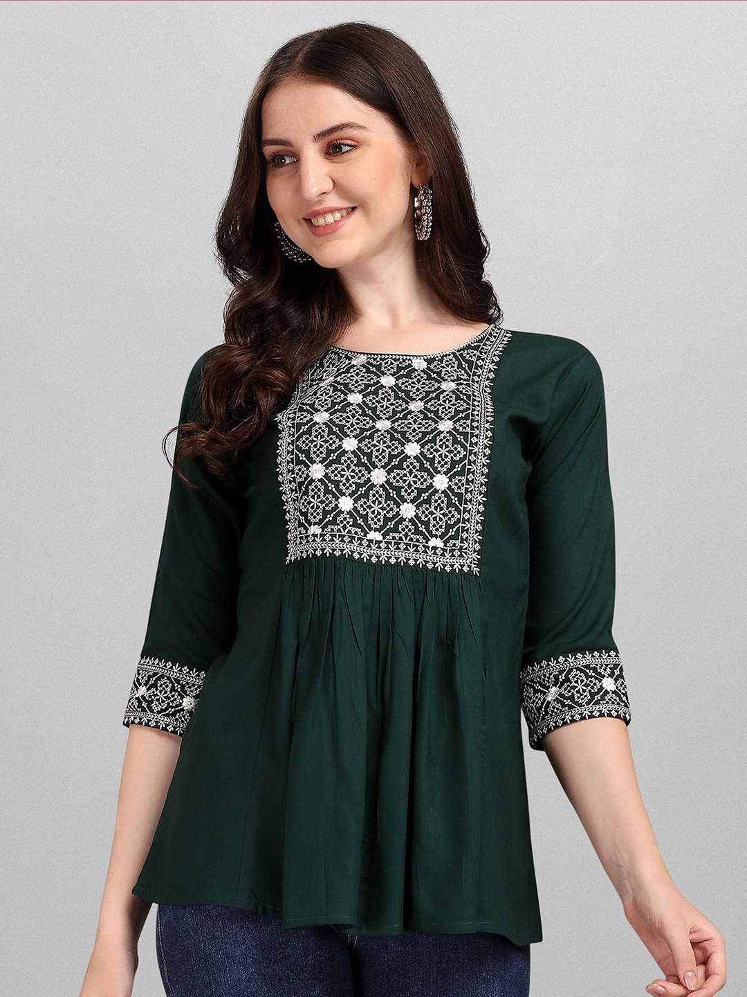 

Shree Ramkrishna Fab Ethnic Printed Embroidered Cotton Top, Green