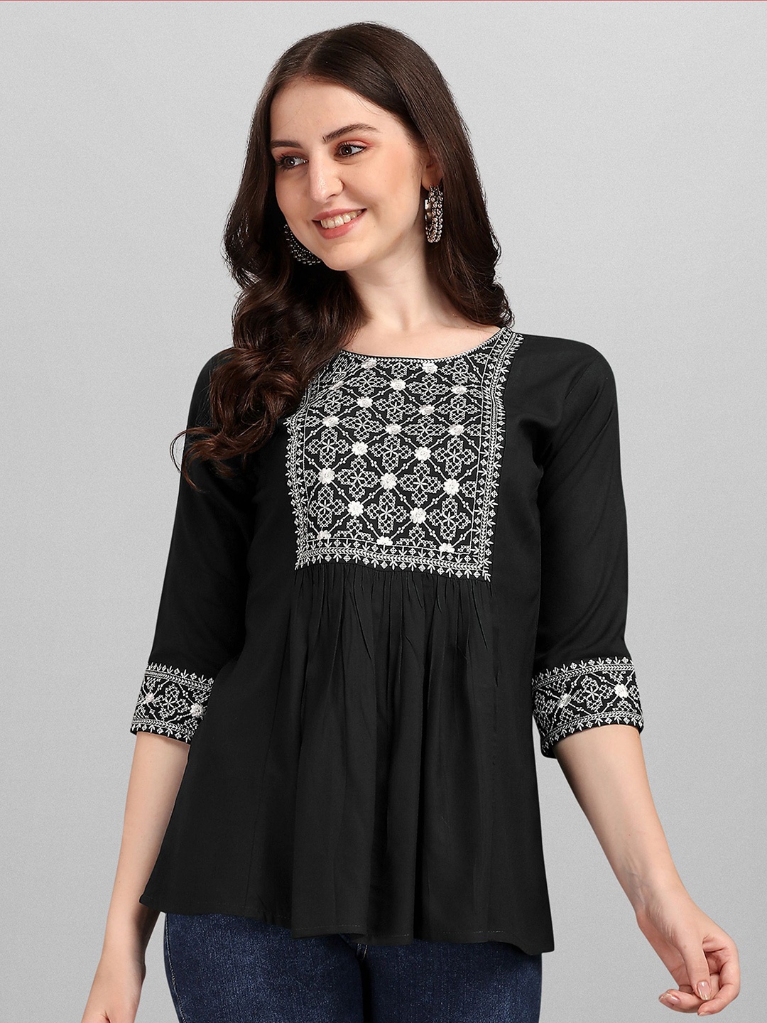 

Shree Ramkrishna Fab Ethnic Printed Embroidered Cotton Top, Black