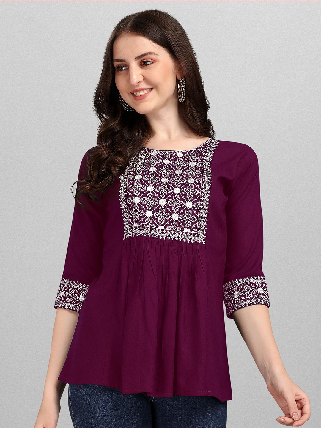 

Shree Ramkrishna Fab Ethnic Printed Embroidered Cotton Top, Purple