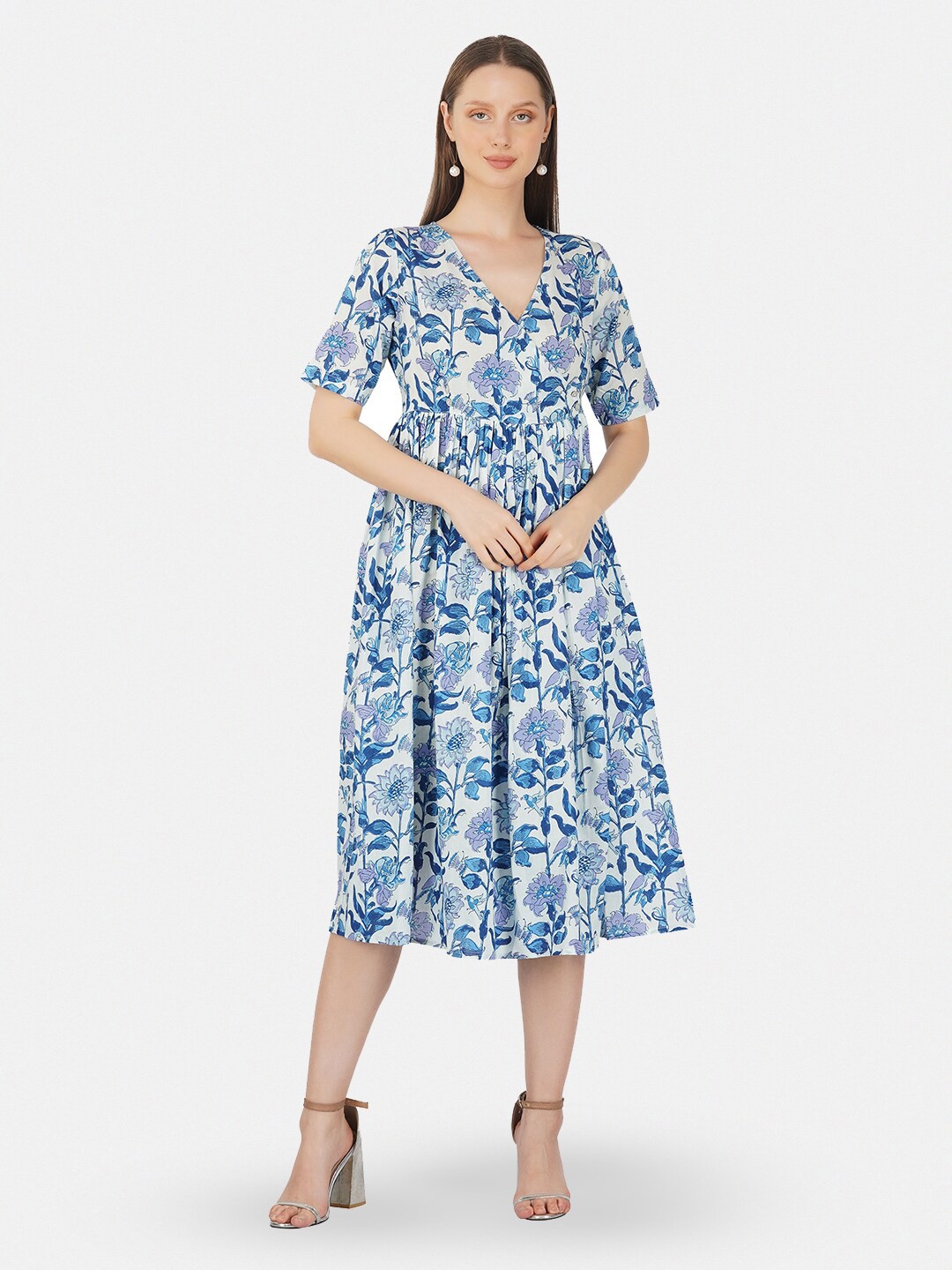 

GULAB CHAND TRENDS Floral Printed V-Neck Cotton Wrap Midi Dress, Blue