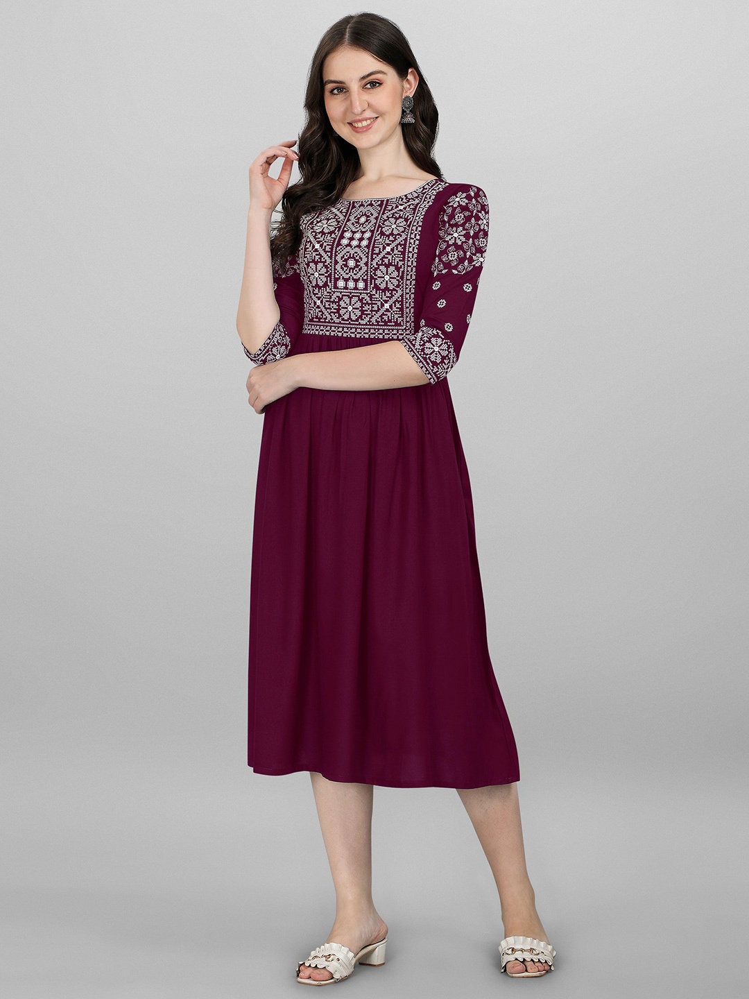 

Shree Ramkrishna Fab Floral Embroidered Midi Ethnic Dress, Purple