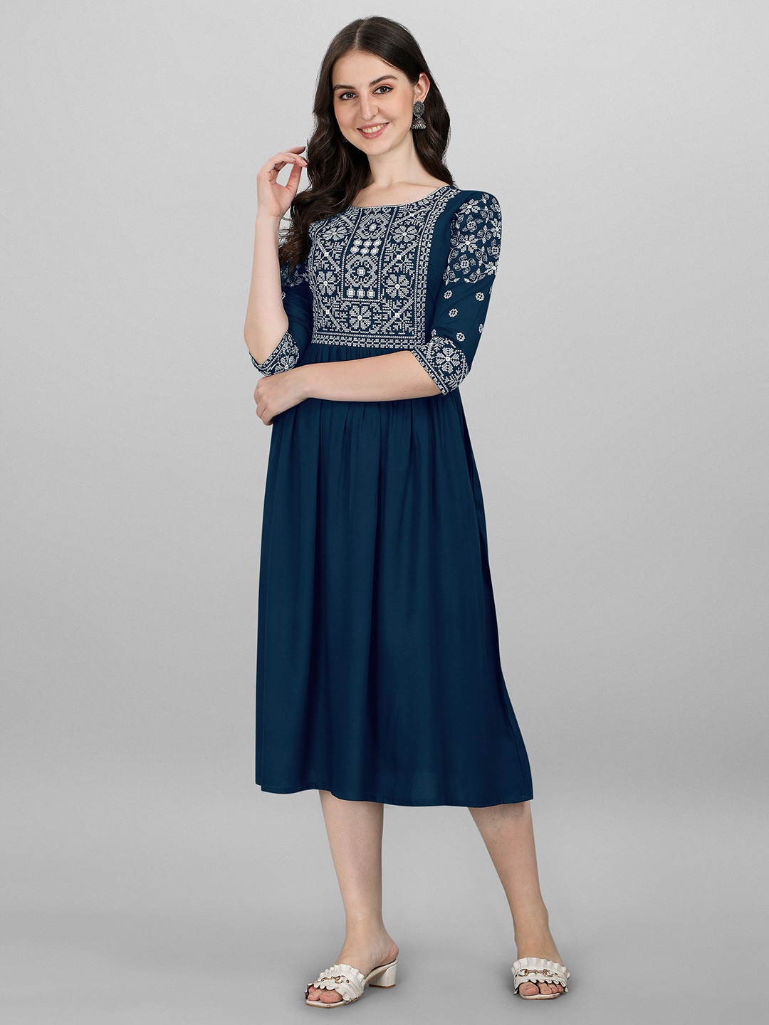 

Shree Ramkrishna Fab Ethnic Motifs Embroidered Midi Ethnic Dress, Blue