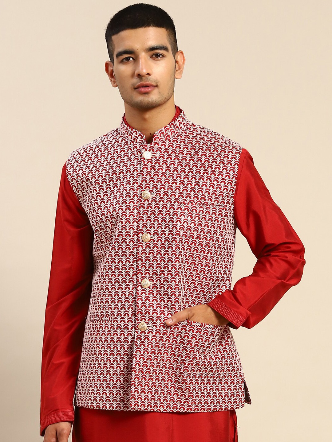 

RAJUBHAI HARGOVINDAS Embellished Nehru Jacket, Maroon