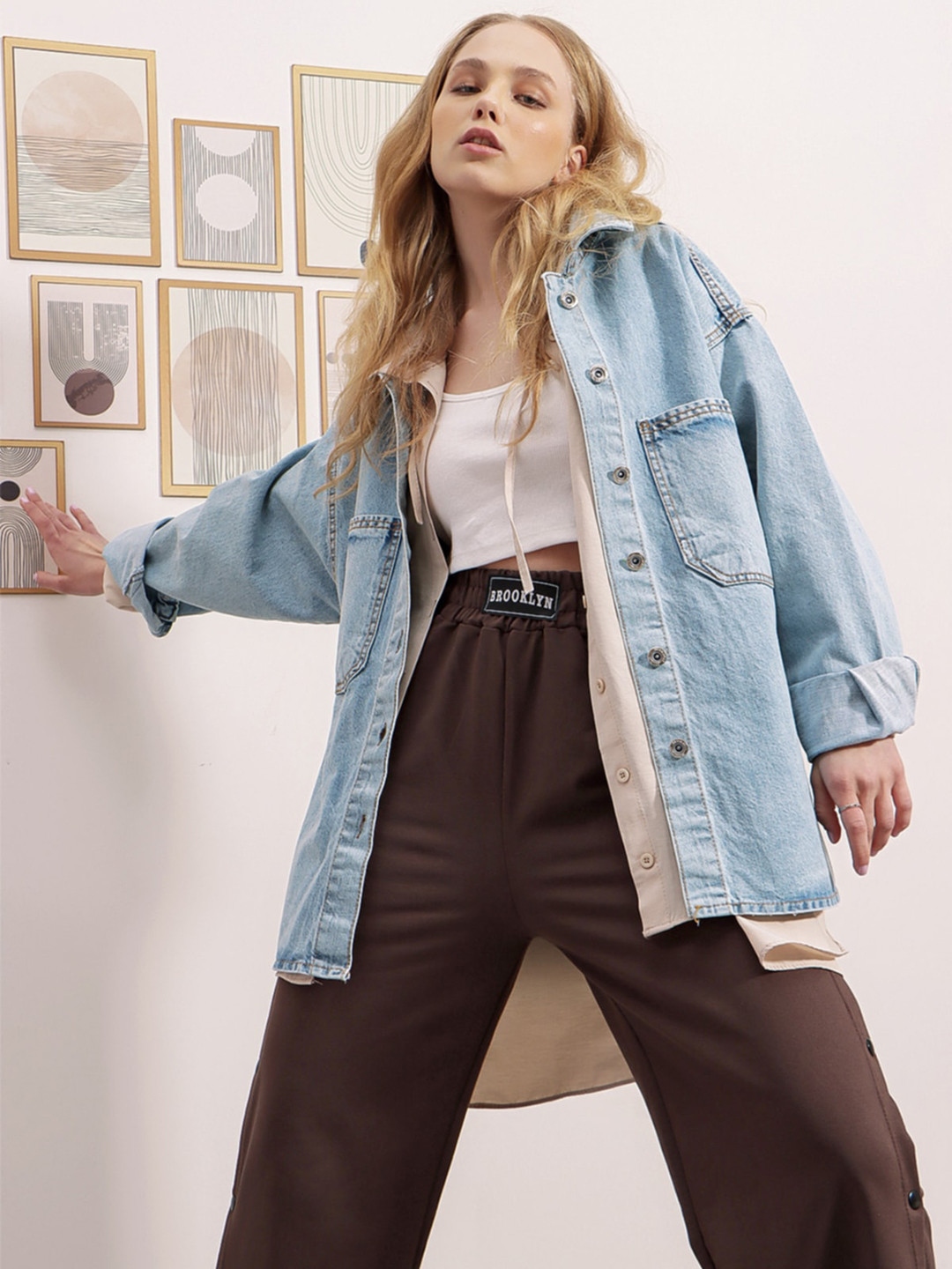 

Trend Alacati stili Longline Denim Jacket, Blue